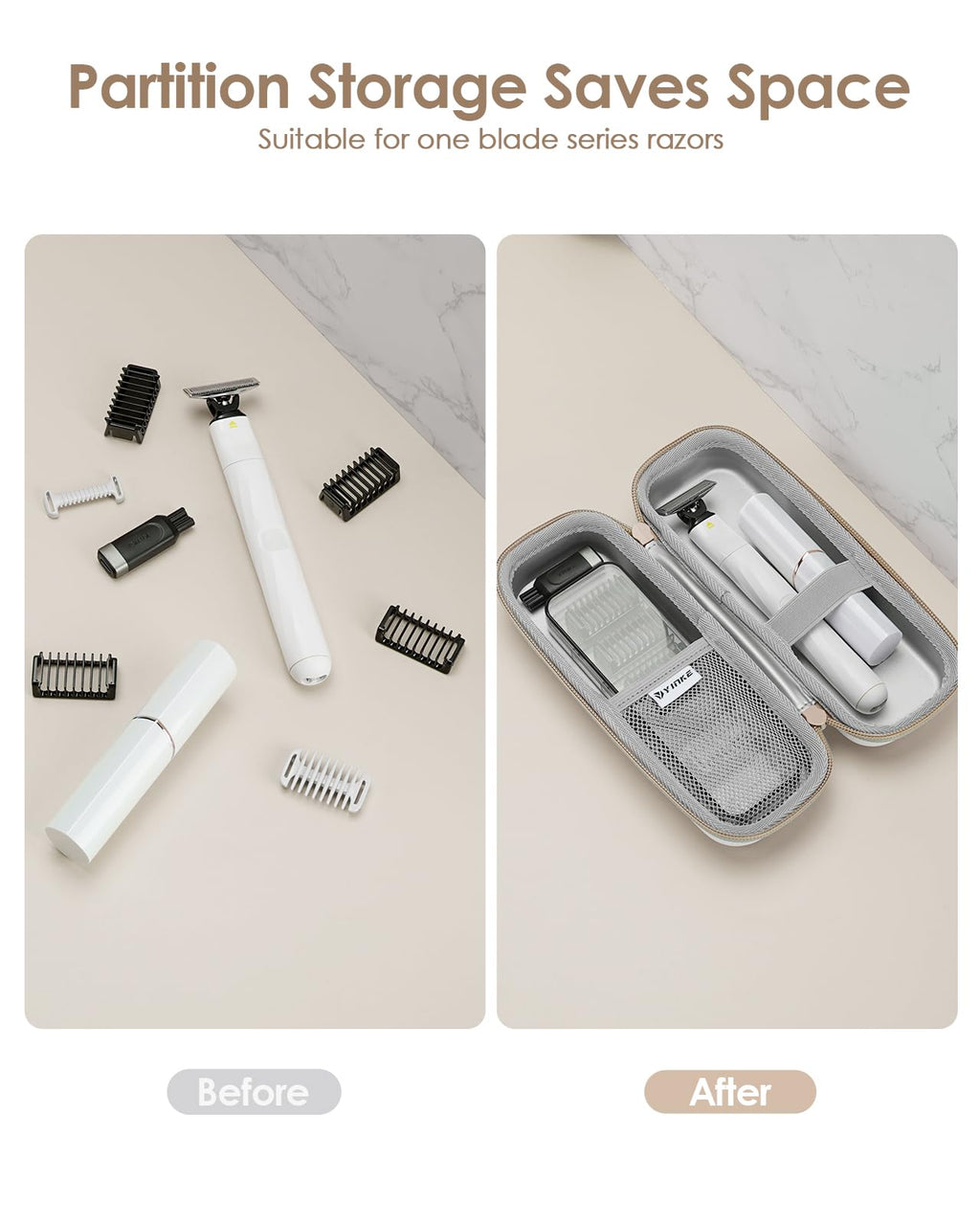 Yinke Travel Shaver Case with Attachments Storage Box for Hybrid Electric Trimmer, Waterproof Hard Carrying Case Portable Storage Bag for O Blade, Beige