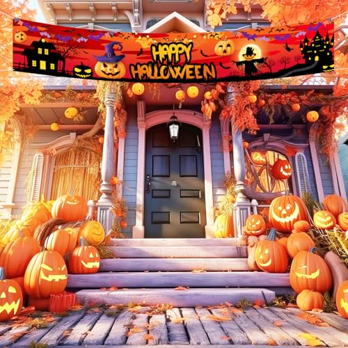 Large Halloween Banner Outdoor Decoration 118x20in Pumpkin Ghost Bat Backdrop