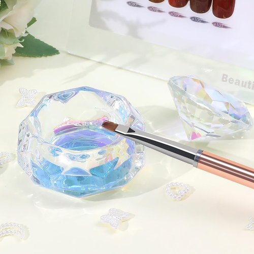 BOMOQING Nail Dappen Dish with Diamond Lid, Acrylic Liquid Powder Dappen Monomer Cup, Clear Glass Crystal Acetone Bowl, Acrylic Nail Brush Cleaner Holder, Nail Tech Must Haves(Colorful)