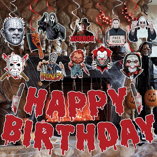 Halloween Horror Birthday Decorations Set with Banner & Hanging Swirls