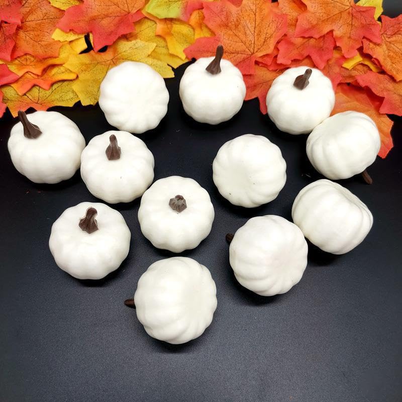 Artificial White Foam Pumpkin Set for Halloween & Fall Decor - 12 Pack