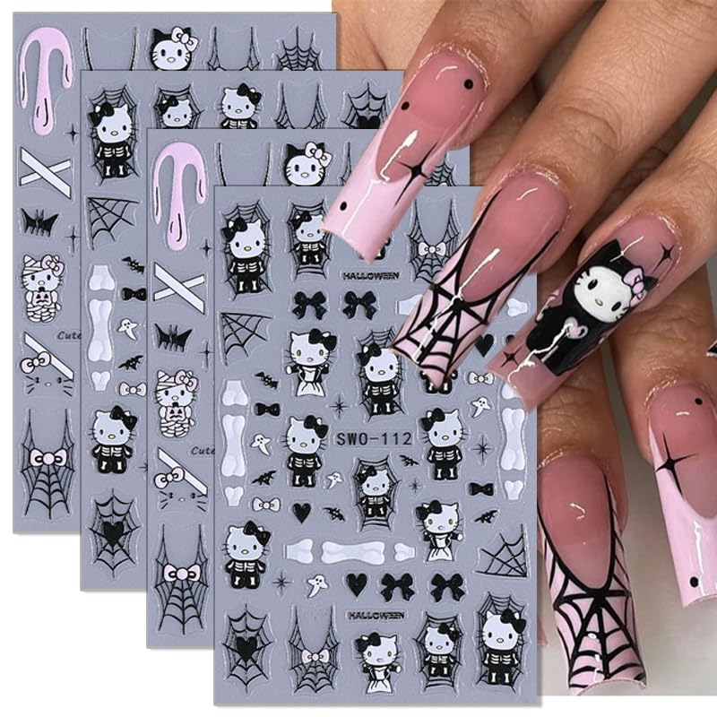 Halloween Nail Art Stickers Decals - 4 Sheets Scary Bat Spider Web Skull Black Cat - Halloween Style 02