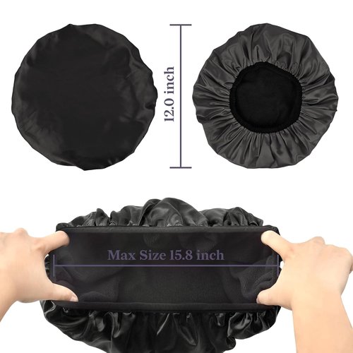 Skiennix Satin Shower Cap - Three-Layer Terry Cloth Lined, Waterproof & Reusable for Long Thick Hair | Black