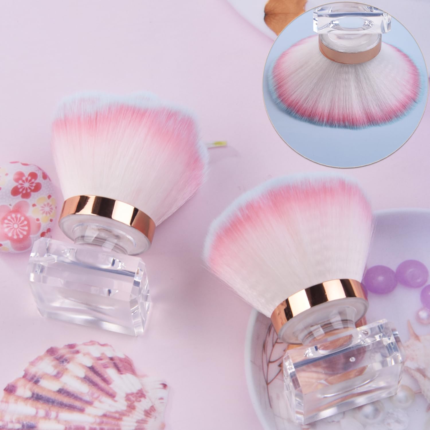 Ycyan 2Pcs Nail Dust Brush Set, Crystal Base Nail Art Dust Powder Remover Brushes Soft Kabuki Cleaner Brush for Makeup & French Gel Acrylic Nails