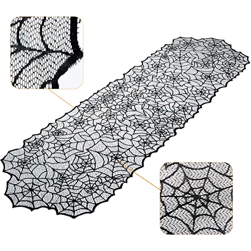 Halloween Lace Table Runner 2 Pack - Black Spider Web Design, 80x20 Inches for Party Decor