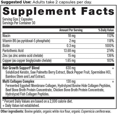 Ancient Nutrition Hair Growth Supplement - Hydrolyzed Collagen Peptides for Thicker, Fuller Hair | 60 Count