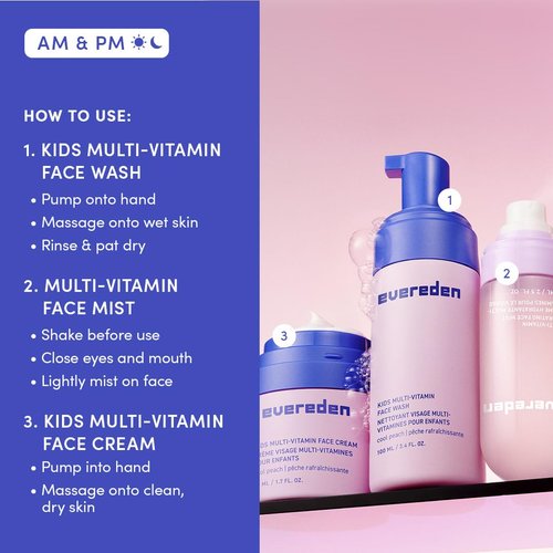 Evereden Kids Multi-Vitamin Hydrating Face Mist, Face Wash, & Kids Face Cream Set: Clean, Vegan, and Multivitamin-Rich Kids Skin Care Set for 6 & up - Moisturize, Nourish, Protect, & Refresh