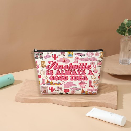 DJHUNG Nashville Travel Gift Cosmetic Bag Nashville Lover Gifts Makeup Bag Country Music Themed Gifts for Traveller Women Friends Sister Birthday Christmas Bachelorette Party Favors Girls Trip Gifts