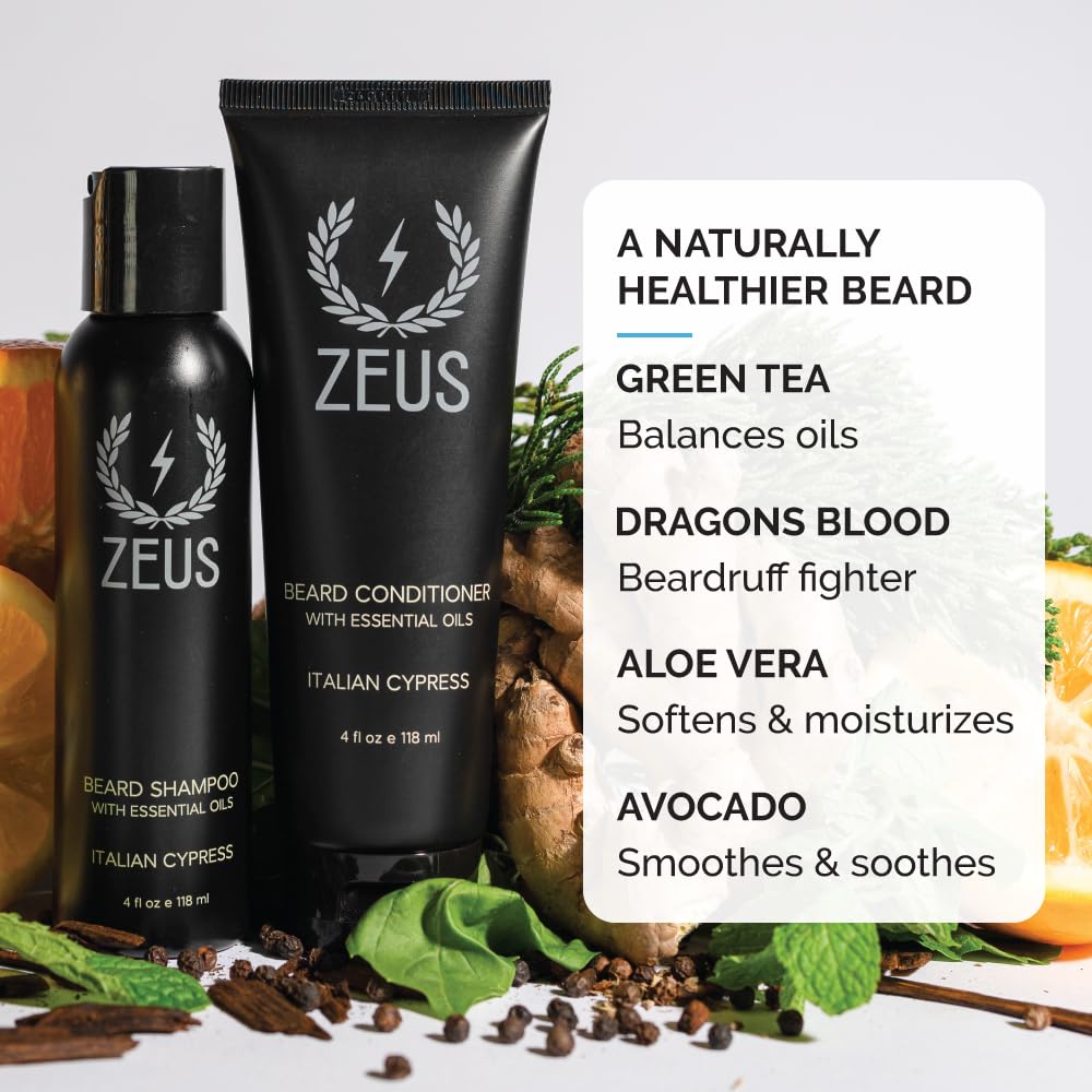 ZEUS Italian Cypress Beard Wash Set for Men, Shampoo & Conditioner Duo with Green Tea & Essential Oils, Hydrates, Softens & Strengthens Beard Hair (Made in USA)