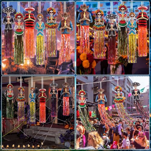 Day of the Dead Hanging Sugar Skull Decorations - Candle Style, 6 Pieces, 3 Ft