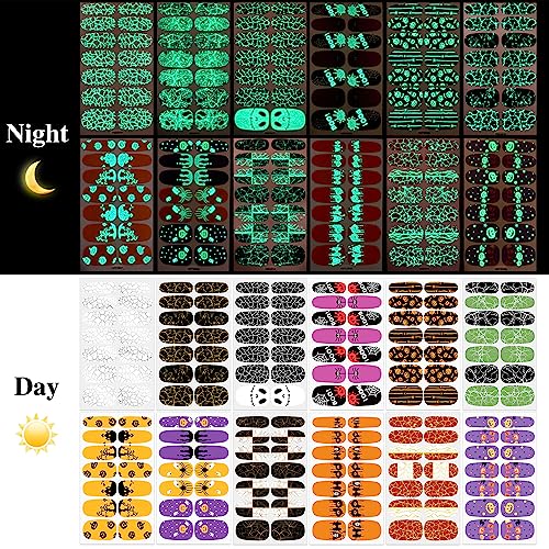 Halloween Luminous Nail Wraps - 12 Sheets with Glitter Skeleton Ghost Pumpkins - Stylish Style