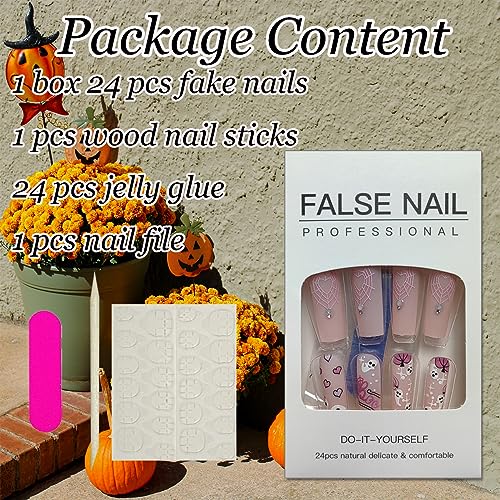 Halloween Press On Nails Long Square Pumpkin Spider Web Rhinestones Ghost - Halloween1