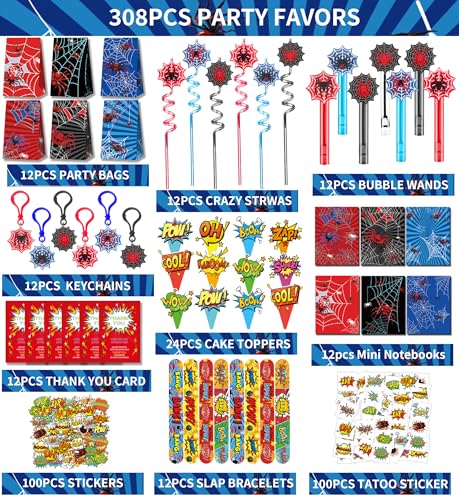 All-in-One Spider Party Favor Kit with 308 Pieces for Birthdays Halloween Events