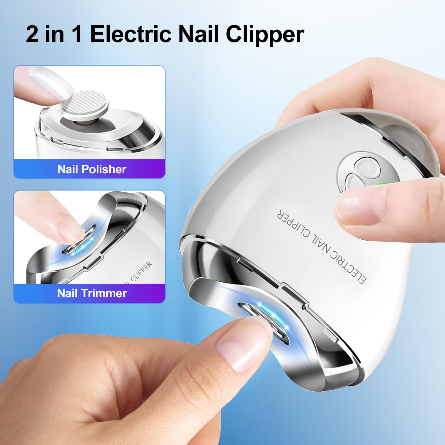 Yibosoar Electric Nail Clipper with LED Light & 3 Speeds, Fingernail Cutter and Polisher 2 in 1 Design, Nail Scraps Storage Rechargeable Safety Fingernail Trimmer for Baby Seniors and Adult