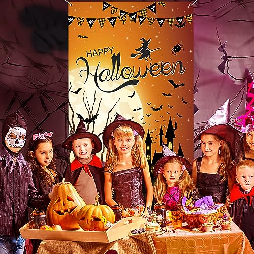 Halloween Door Cover - Happy Banner Decorations with Horror Pumpkin Witch Moon Bat - Brown
