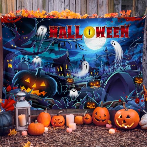 Navy Blue Halloween Banner - 185x110cm Haunted Tombs & Ghosts Photo Background