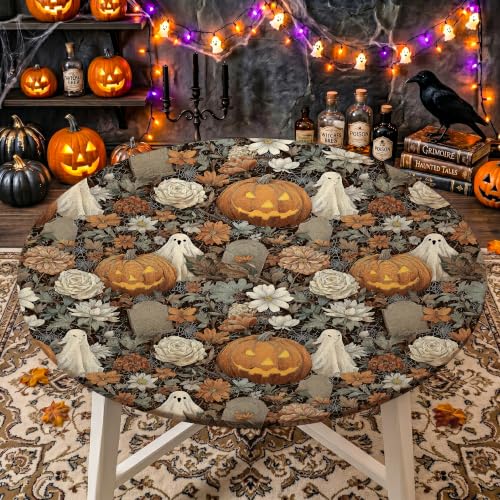 Halloween Round Fitted Tablecloth 48 Inch for 42-46 Inch Tables - Waterproof & Reusable