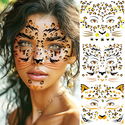 Gold Leopard Metallic Temporary Tattoos Set - Face & Body Glitter Stickers, Halloween & Cosplay