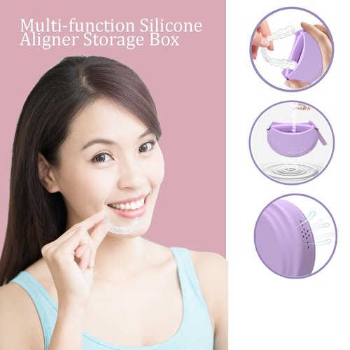2 Pack Silicone Retainer Case with Vent Holes Lanyard Aligner Case Cute Portable Container Holder Night Guard Case for Travel Girl Women Men Kids (Purple+Blue)