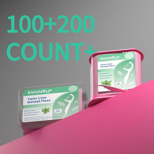 Innovihue Pink Push-Pop Dental Floss Picks Dispenser with 200-Count Refill Container, Twin-Line Mint Flossers (300 Total), Portable Oral Care for Home, Office, Travel