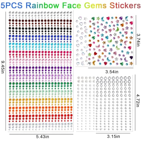 Rainbow Self-Adhesive Face Gems Set - 5 Sheets for Festival & Party Makeup