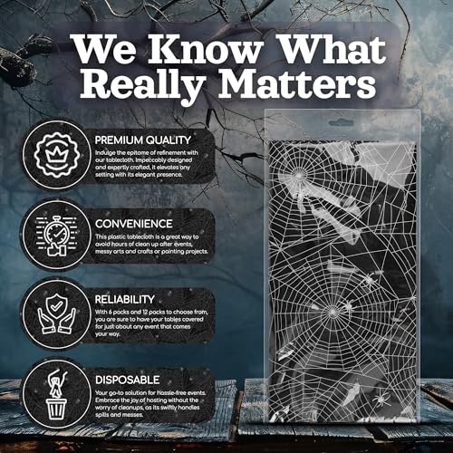Halloween Spider Web Tablecloth 54x108 Inches - 12 Pack Black Plastic Disposable