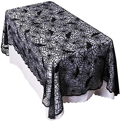 Halloween Bat Spider Web Tablecloth - 60x104 Inch Black Lace Decor with Bat & Cobweb Design - Spooky Party Table Cover