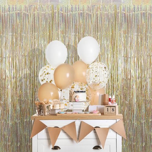 Glitter Champagne Gold Foil Fringe Backdrop Curtains - 3 Pack, Party Decorations