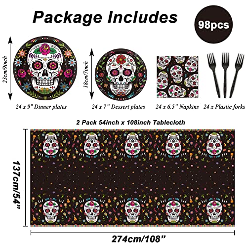 Day of the Dead Party Supplies Set - Skull Tablecloth Plates Napkins & Cutlery - Mexican Fiesta Halloween Birthday Decor