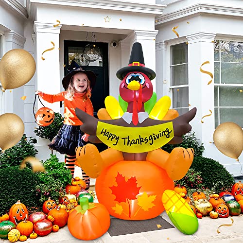 6FT Thanksgiving Inflatable Turkey Sat on Pumpkin with LED Lights - Outdoor Yard Decorations