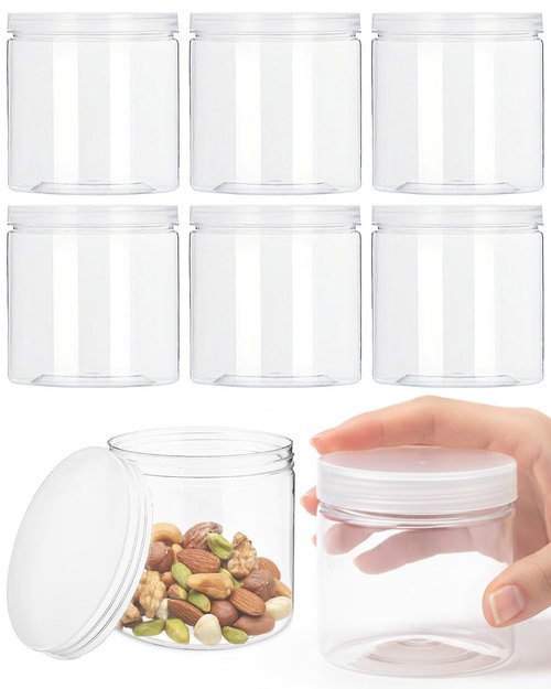 Clear Plastic Storage Jars Containers,8 Pack Refillable Wide-Mouth Plastic Slime Containers for Beauty Products,Kitchen & Household Storage - BPA Free (16 OZ)