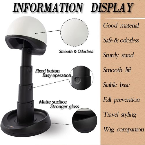 Adjustable Wig Head - Wig Stand for Travel and Salon for Styling Protection, Collapsible Compact Stand, Expands Long and Short Wigs (White & Black)