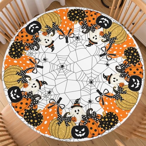 Halloween Round Fitted Tablecloth with Elastic - White & Gold Pumpkin Pattern, 43 Inch