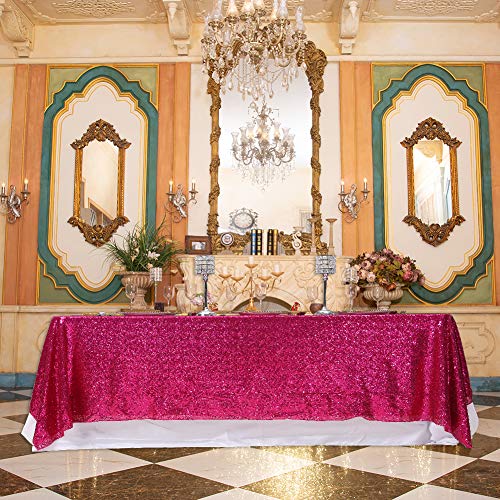Hot Pink Sequin Tablecloth 60 x 120 Inch Fuchsia Sparkly Overlay for Wedding Party
