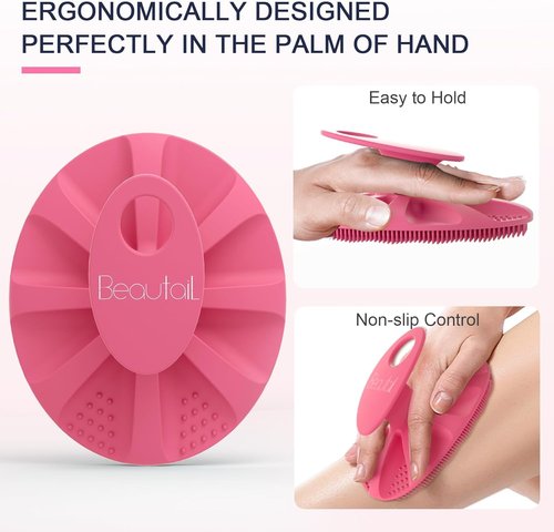 Silicone Body Scrubber 2 Pack, BEAUTAIL Shower Bath Wash Brush, Gentle Exfoliating Scrub Cleansing Loofah for Women Men Baby Sensitive Skin, Easy to Clean, Lather Nicely, More Hygienic, Pink+Blue