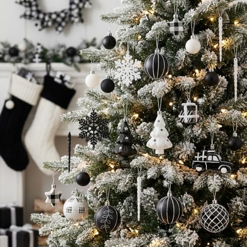 70-Pack Holiday Christmas Tree Ornaments Set - Black & White Shatterproof Decorations
