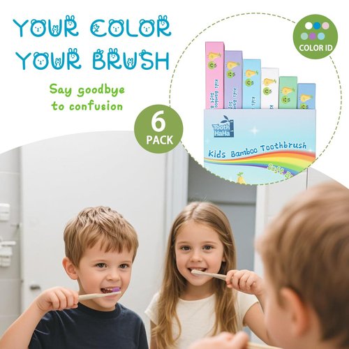 Tooth HaHa Kids Bamboo Toothbrushes, BPA-Free Soft Bristles, Eco-Friendly Natural Wooden Toddler Toothbrush, 6-Pack Travel Toothbrushes Set for Children