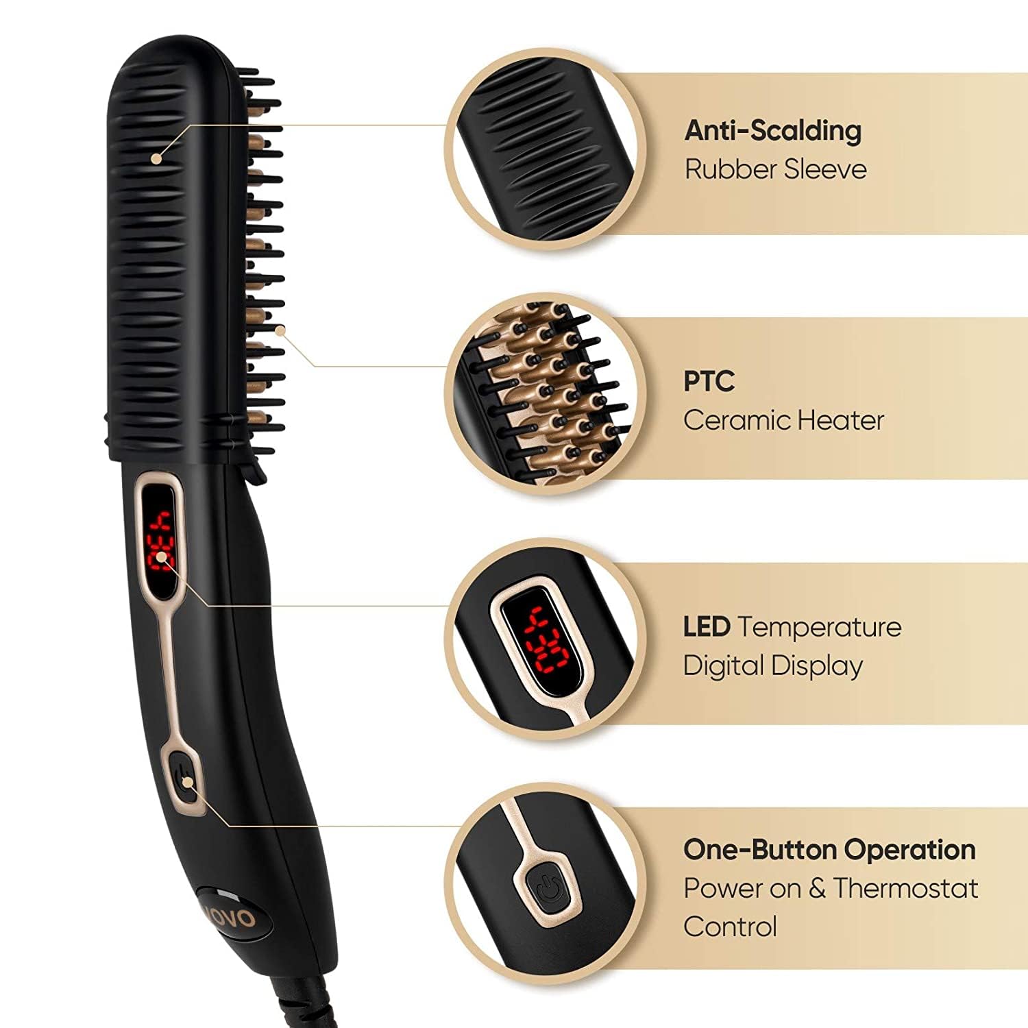 VOVO Beard Straightener Comb Upgrade Professional 2 in 1 Men's Beard Straightening Heated Hair Straightening Brush Portable Anti-Burn 6 Temperature Adjustable with LED Display for Home and Travel