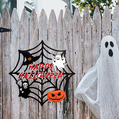 Halloween Spider Web Hanging Decor with Ghost Pumpkin Skull Bats - Wooden Front Door Wreath