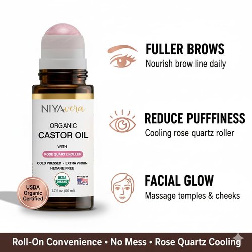 NIYAVERA Organic Castor Oil Roll on with Rose Quartz For Face and Body - Cold Pressed Hexane Free Glass Bottle Unrefined 1.7 oz