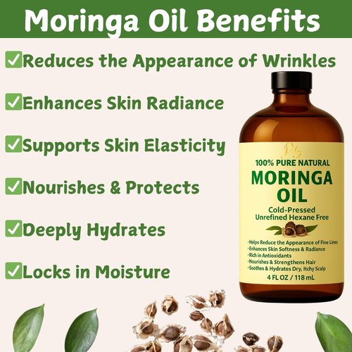 Pomberries Moringa Oil – 100% Pure, Cold-Pressed & Unrefined – Moringa Seed Oil for Face, Skin, Hair & Body – Hydrating, Anti-Aging Moisturizer – 4 fl oz Amber Glass Bottle