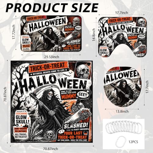 Gothic Skull Halloween Shower Curtain Set with Toilet Seat Cover Bath Rug & Hooks - Vintage Style