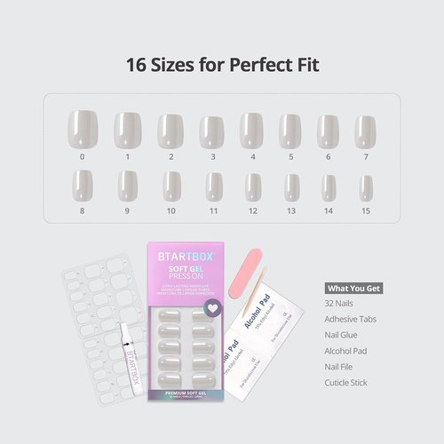 BTArtbox Press On Nails - Short White Soft Gel Square Chrome Tips | Reusable 30-Piece Kit in 15 Sizes - Vanilla Glazed