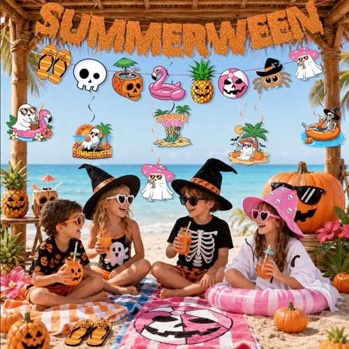 Summerween Party Decorations Set with Banner and Hanging Swirls - Halloween Summer Theme