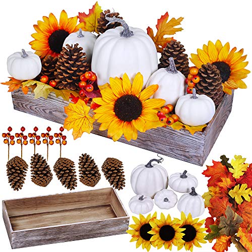 Artificial Fall Pumpkin Centerpiece Set with Maple Leaves and Wooden Box