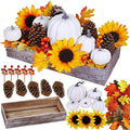 Artificial Fall Pumpkin Centerpiece Set with Maple Leaves and Wooden Box