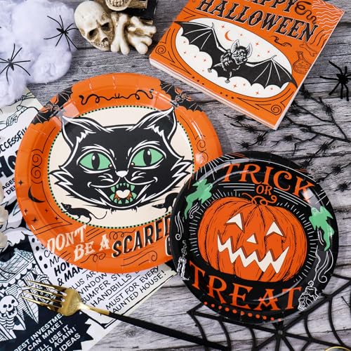 Halloween Disposable Dinnerware Set for 24 Guests - Pumpkin, Bat & Cat Design