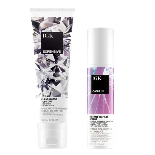 IGK Expensive Clear Gloss Top Coat & Cash In Instant Repair Serum - Vegan & Cruelty-Free | 4.2 oz & 1.7 oz Pack