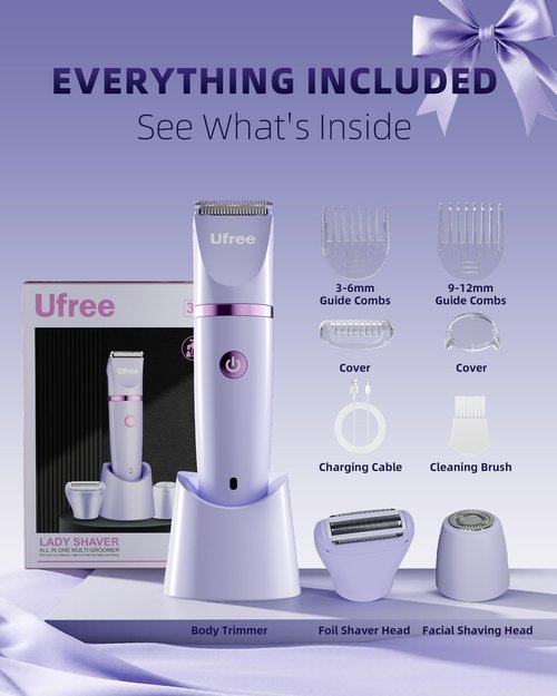 Ufree Bikini Trimmer Electric Razors for Women, Rechargeable Pubic Body Hair Trimmer Electric Shaver for Legs Body Hair, Bikini Shaver IPX7 Waterproof, Gifts for Women, Purple