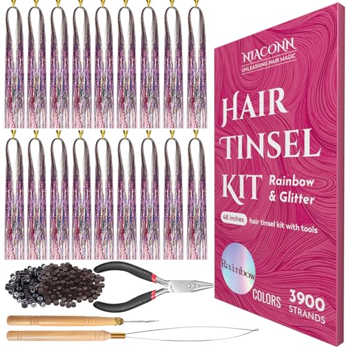 Rainbow Hair Tinsel Extensions Kit for Women & Kids - Glitter Sparkly Strands with Tools & Beads